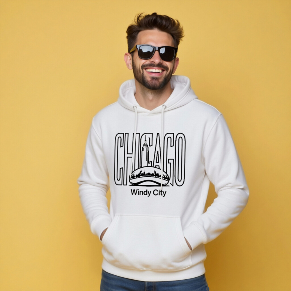 Chicago Windy City Unisex Premium Pullover Hoodie - Black & White Design - Image 10