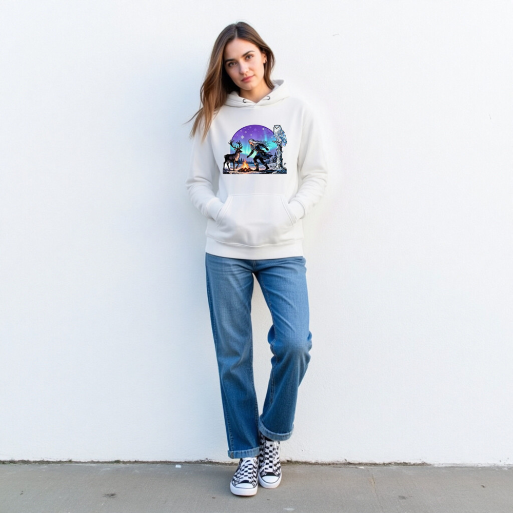Unisex Premium Pullover Hoodie - Winter Warrior with Reindeer & Owl, Aurora Borealis Design - Image 3