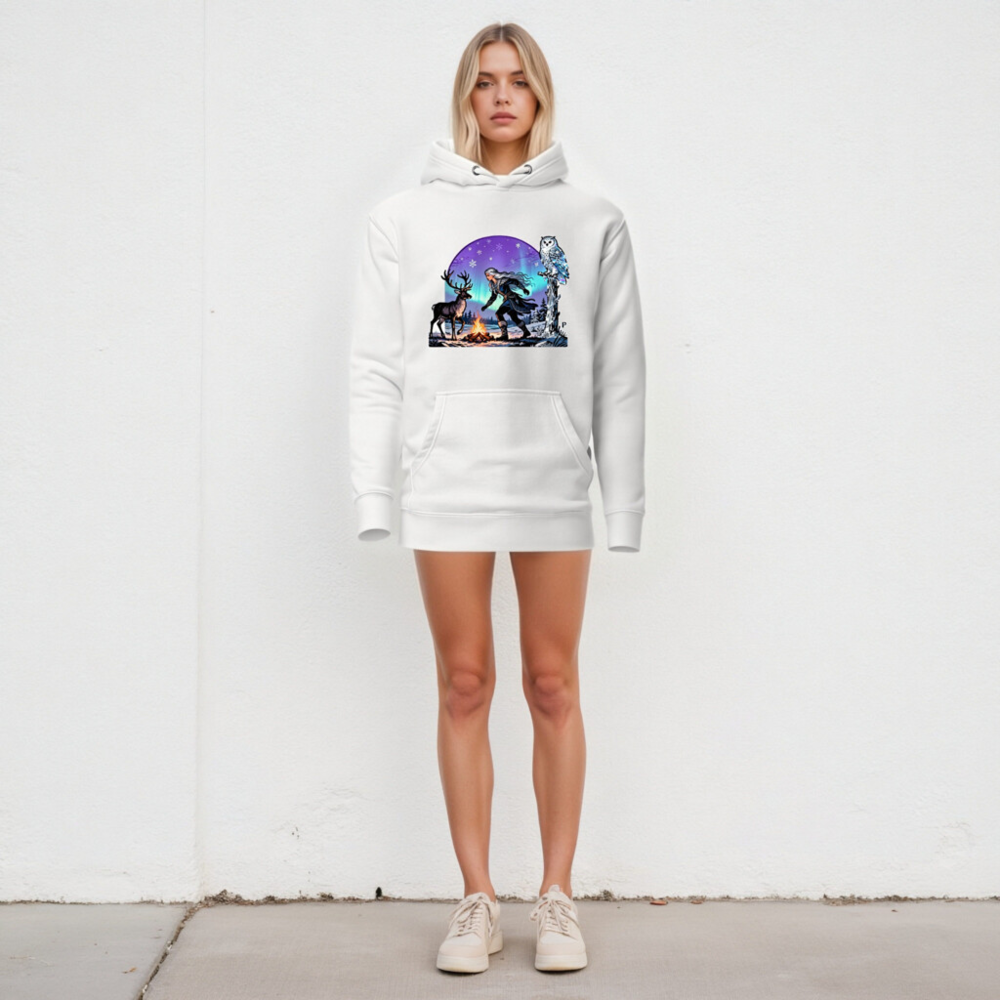 Unisex Premium Pullover Hoodie - Winter Warrior with Reindeer & Owl, Aurora Borealis Design - Image 5