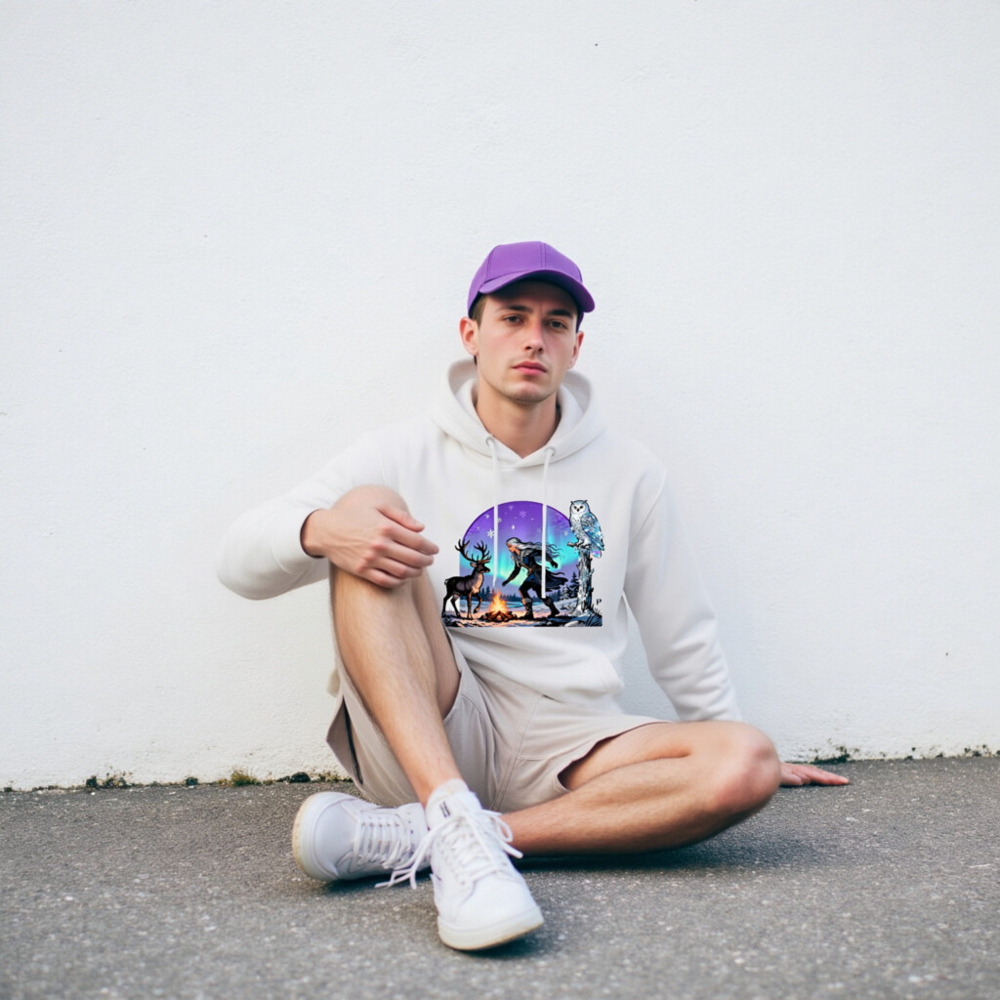 Unisex Premium Pullover Hoodie - Winter Warrior with Reindeer & Owl, Aurora Borealis Design - Image 9