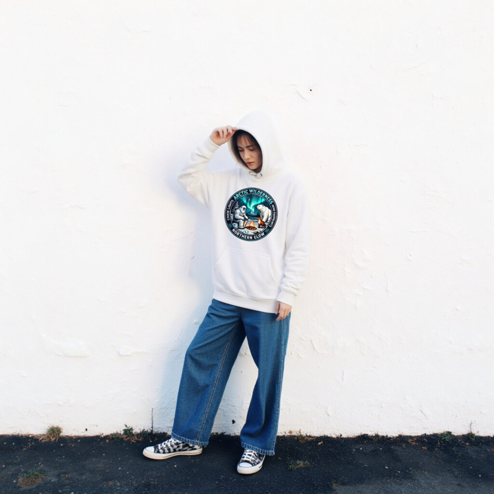 Arctic Wilderness Northern Glow Unisex Hoodie | Polar Bear, Yeti & Fox Campfire Design - Image 2