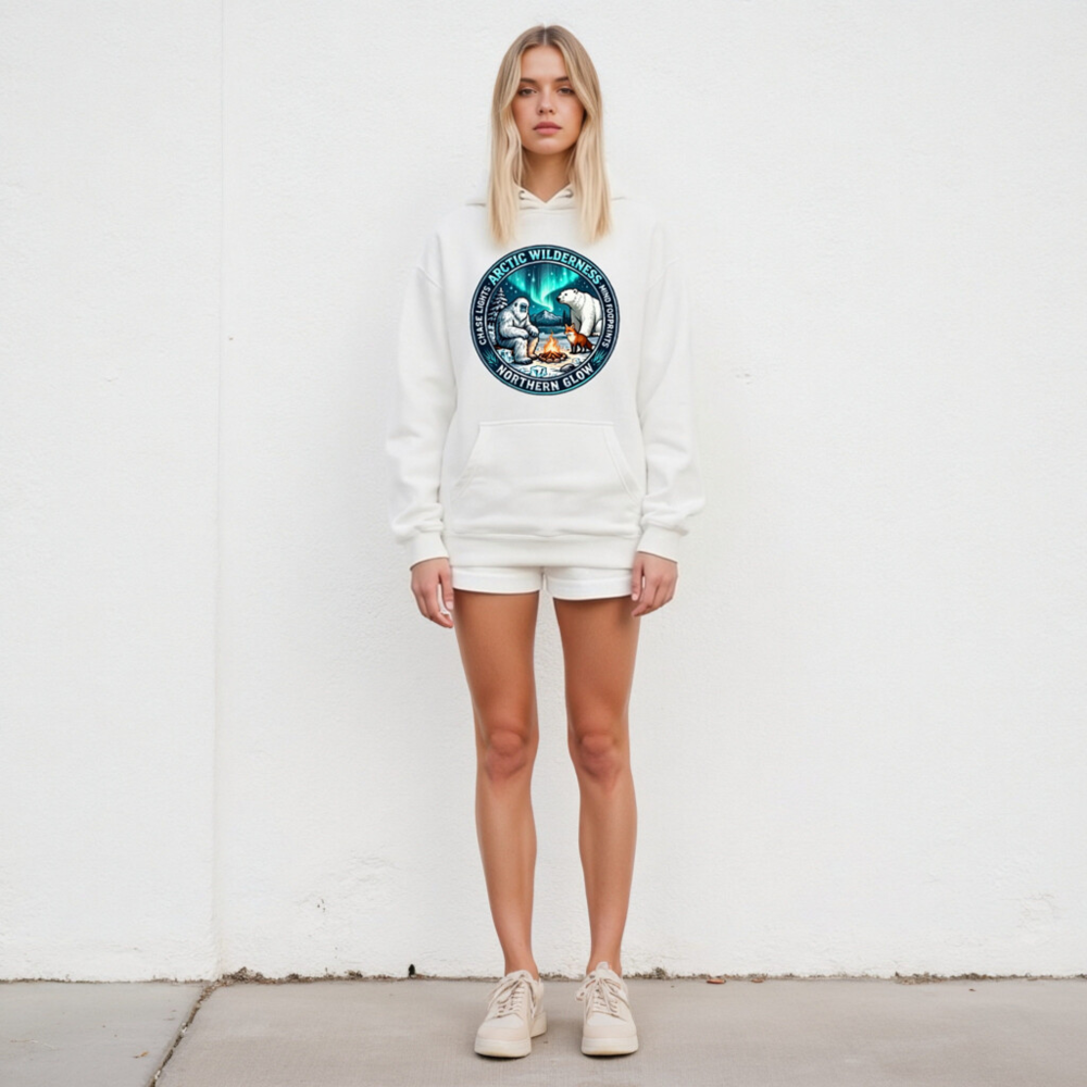 Arctic Wilderness Northern Glow Unisex Hoodie | Polar Bear, Yeti & Fox Campfire Design - Image 5