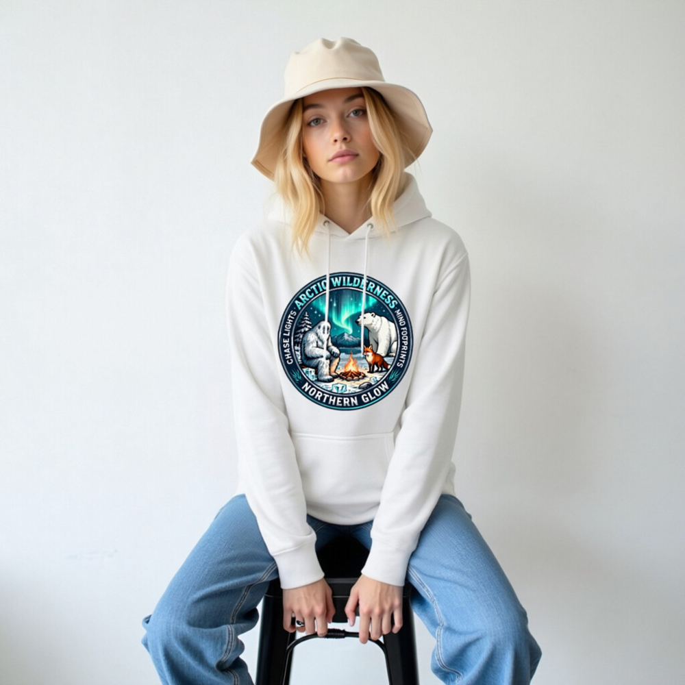 Arctic Wilderness Northern Glow Unisex Hoodie | Polar Bear, Yeti & Fox Campfire Design - Image 6