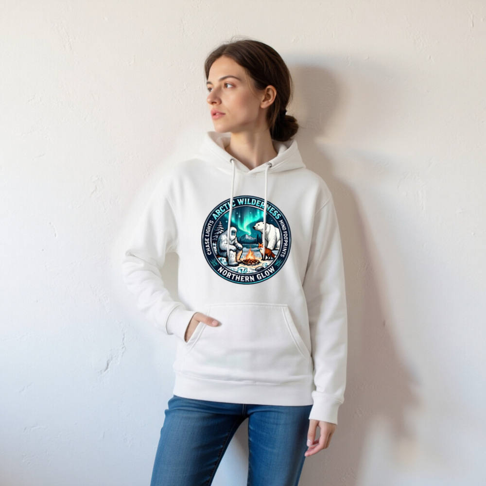 Arctic Wilderness Northern Glow Unisex Hoodie | Polar Bear, Yeti & Fox Campfire Design - Image 7
