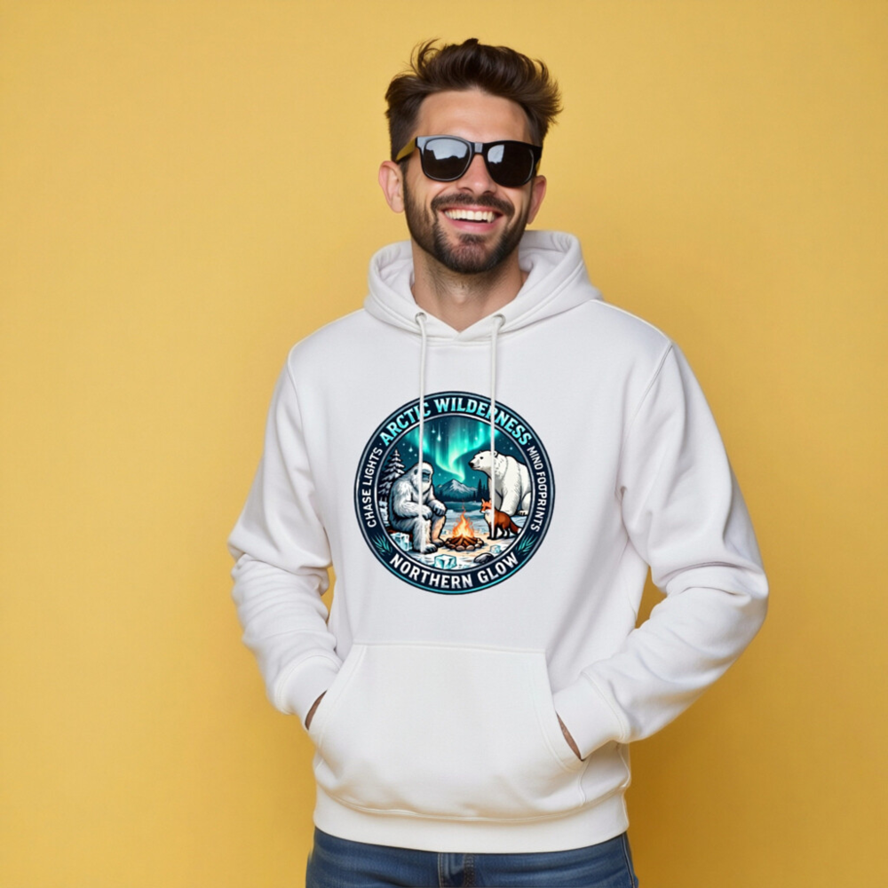 Arctic Wilderness Northern Glow Unisex Hoodie | Polar Bear, Yeti & Fox Campfire Design - Image 10
