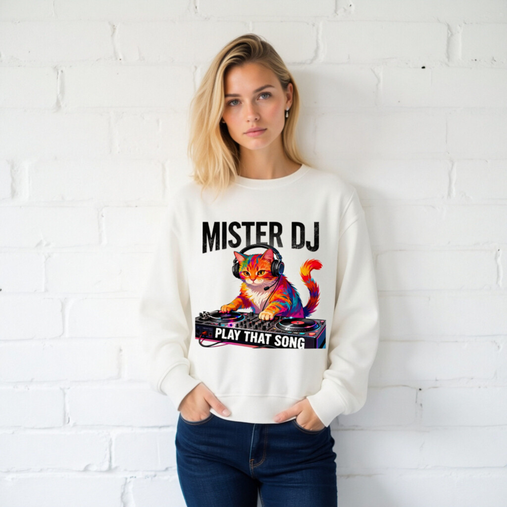 Mister DJ Cat Organic Sweatshirt | Play That Song Unisex - Image 2
