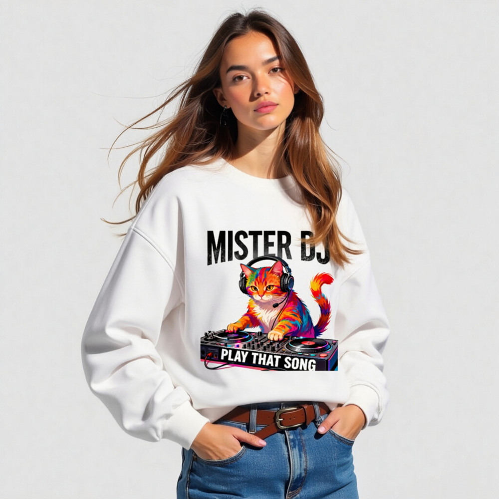 Mister DJ Cat Organic Sweatshirt | Play That Song Unisex - Image 4