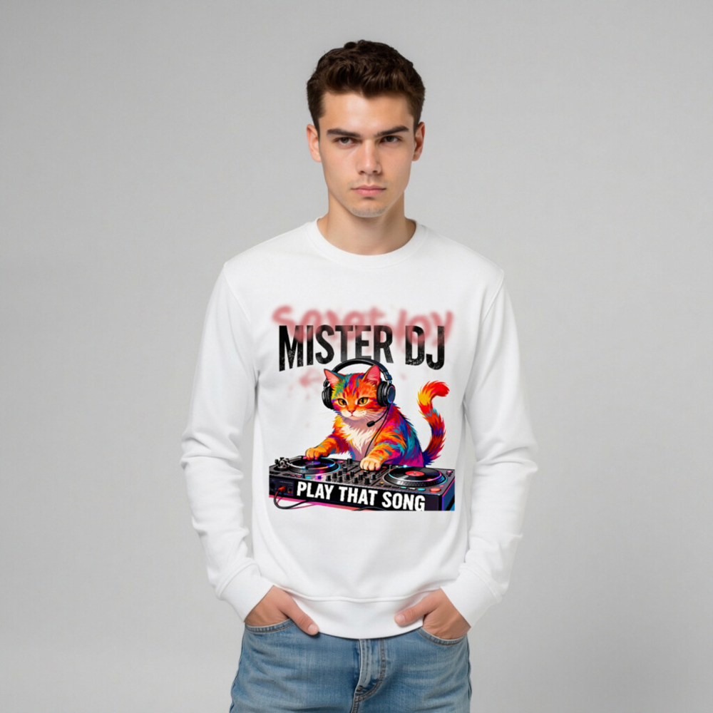 Mister DJ Cat Organic Sweatshirt | Play That Song Unisex - Image 7