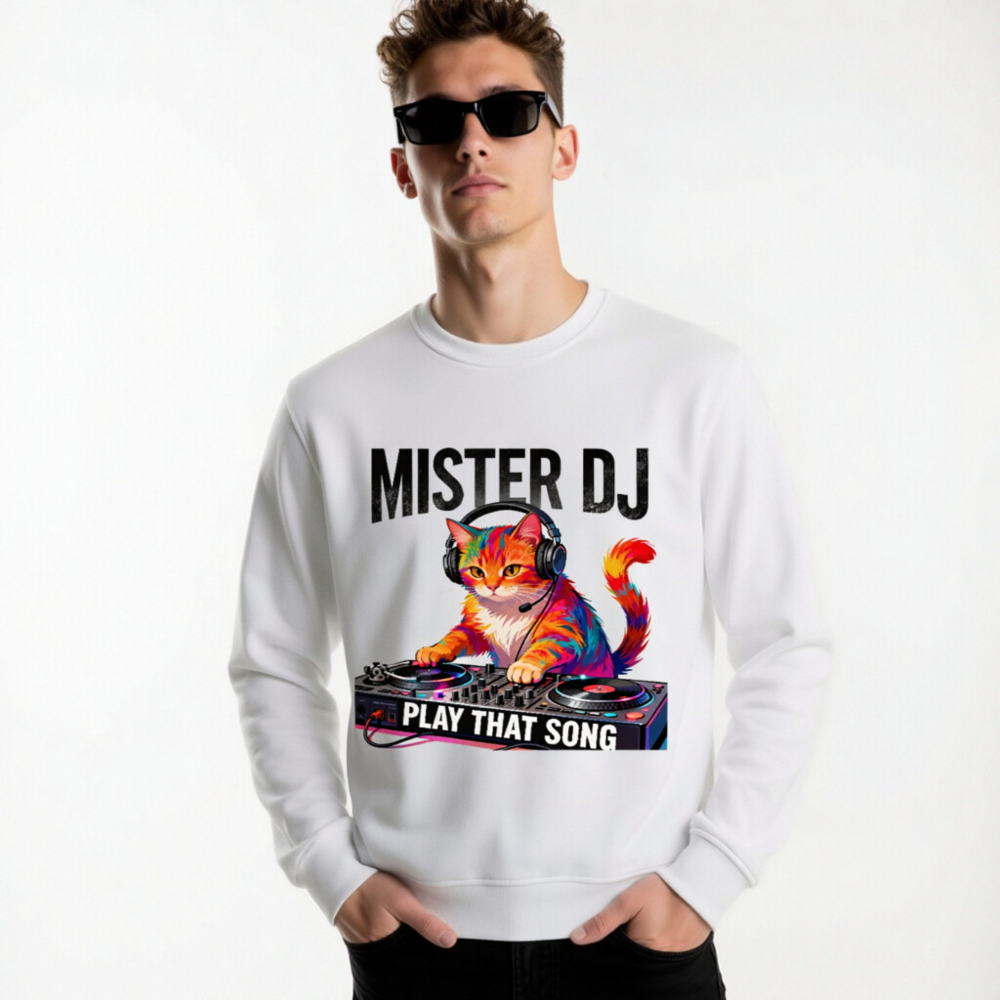 Mister DJ Cat Organic Sweatshirt | Play That Song Unisex - Image 8