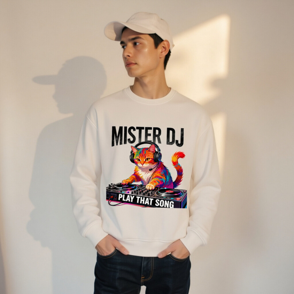 Mister DJ Cat Organic Sweatshirt | Play That Song Unisex - Image 10