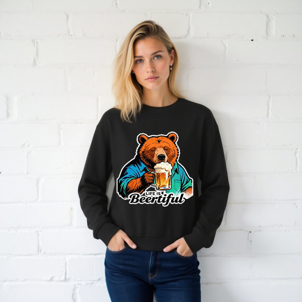 Unisex Organic Sweatshirt | Life Is Beertiful Bear Beer Mug Design - Image 2