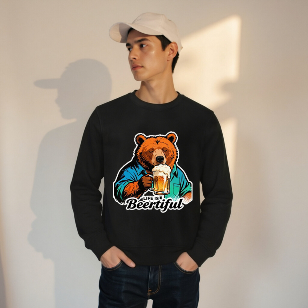 Unisex Organic Sweatshirt | Life Is Beertiful Bear Beer Mug Design - Image 10