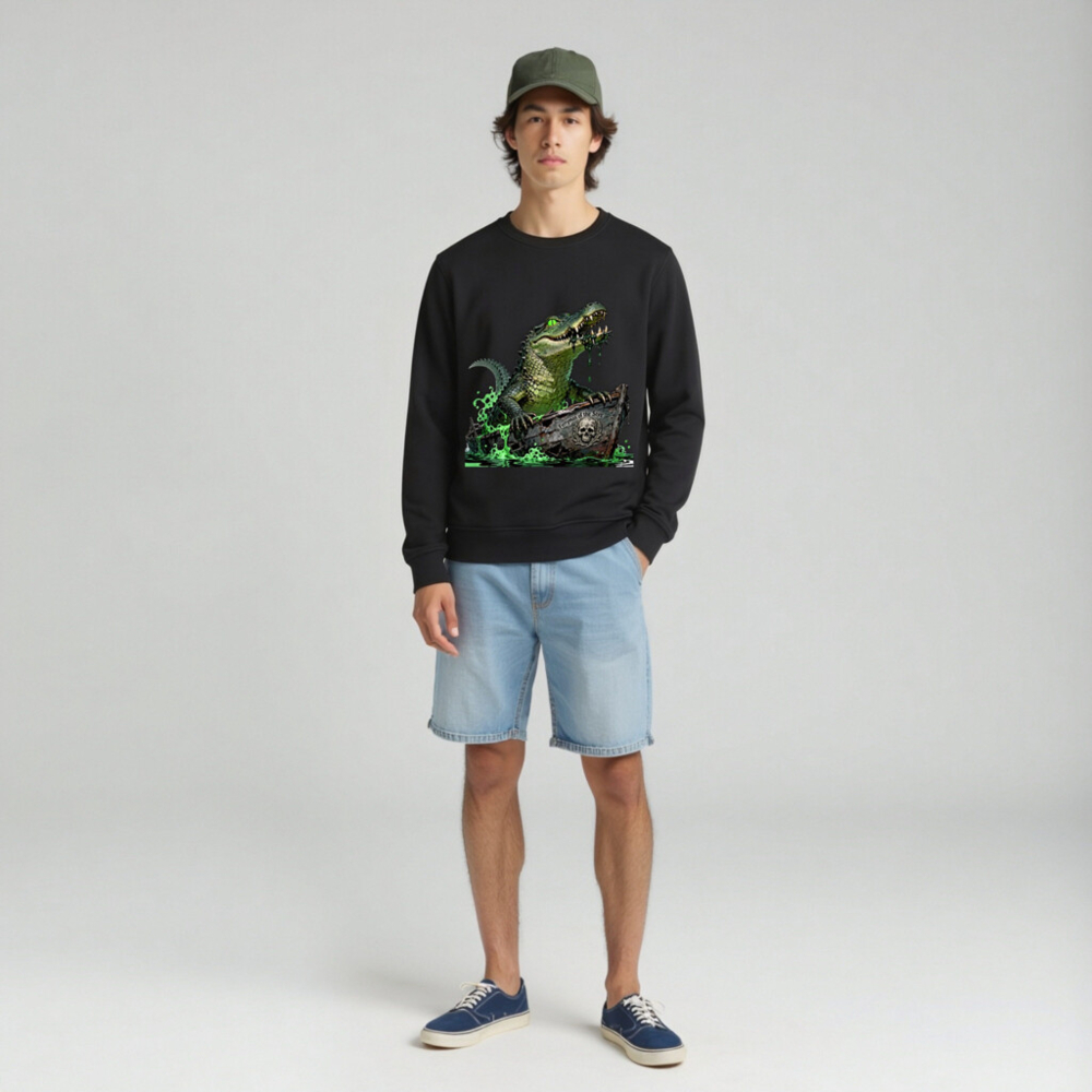 Unisex Organic Sweatshirt - Crocodile Ferryman of the Styx, Green Glow Design - Image 3
