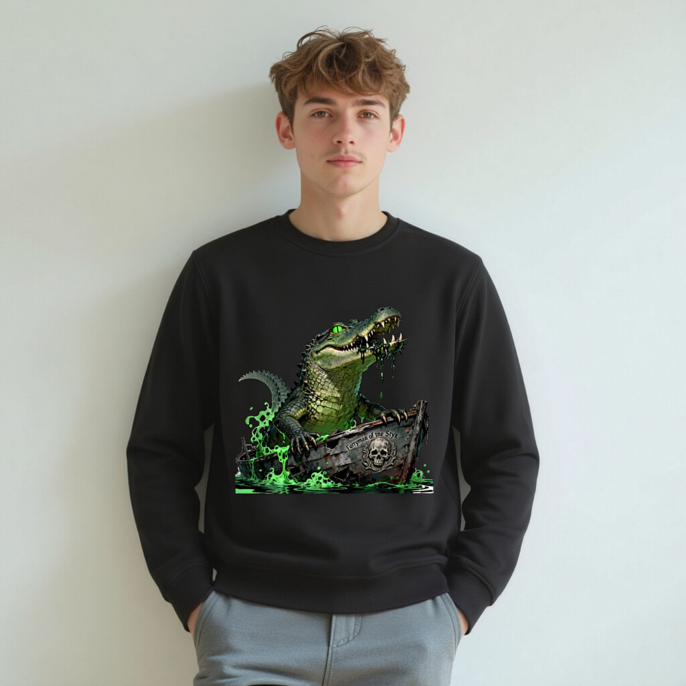 Unisex Organic Sweatshirt - Crocodile Ferryman of the Styx, Green Glow Design - Image 5