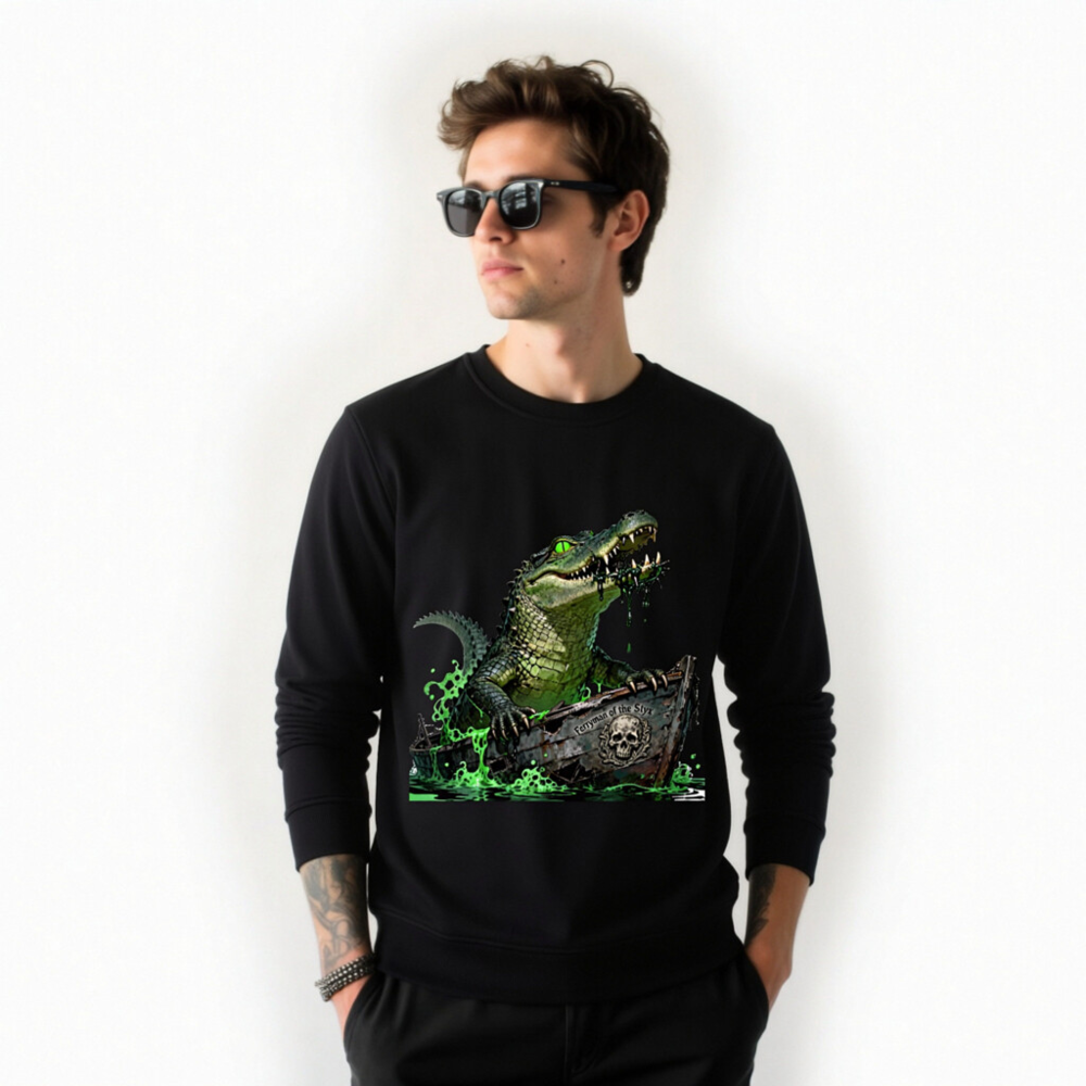 Unisex Organic Sweatshirt - Crocodile Ferryman of the Styx, Green Glow Design - Image 8