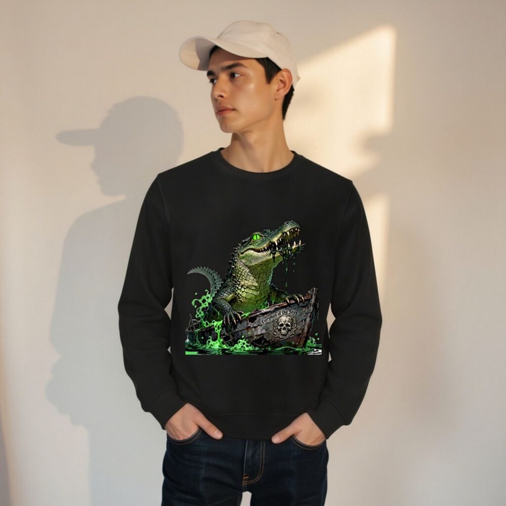 Unisex Organic Sweatshirt - Crocodile Ferryman of the Styx, Green Glow Design - Image 10