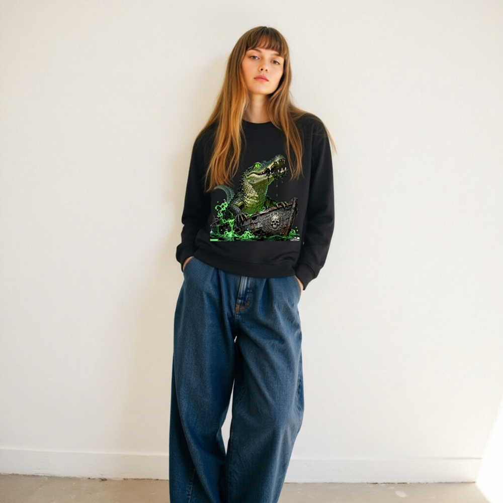 Unisex Organic Sweatshirt - Crocodile Ferryman of the Styx, Green Glow Design - Image 11