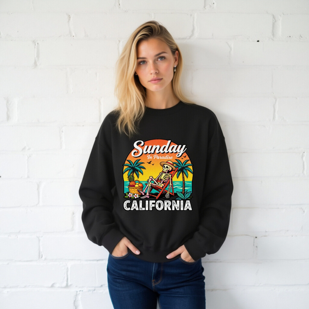 Sunday in Paradise California Skeleton Beach Chair Sweatshirt - Unisex Crew Neck - Image 2