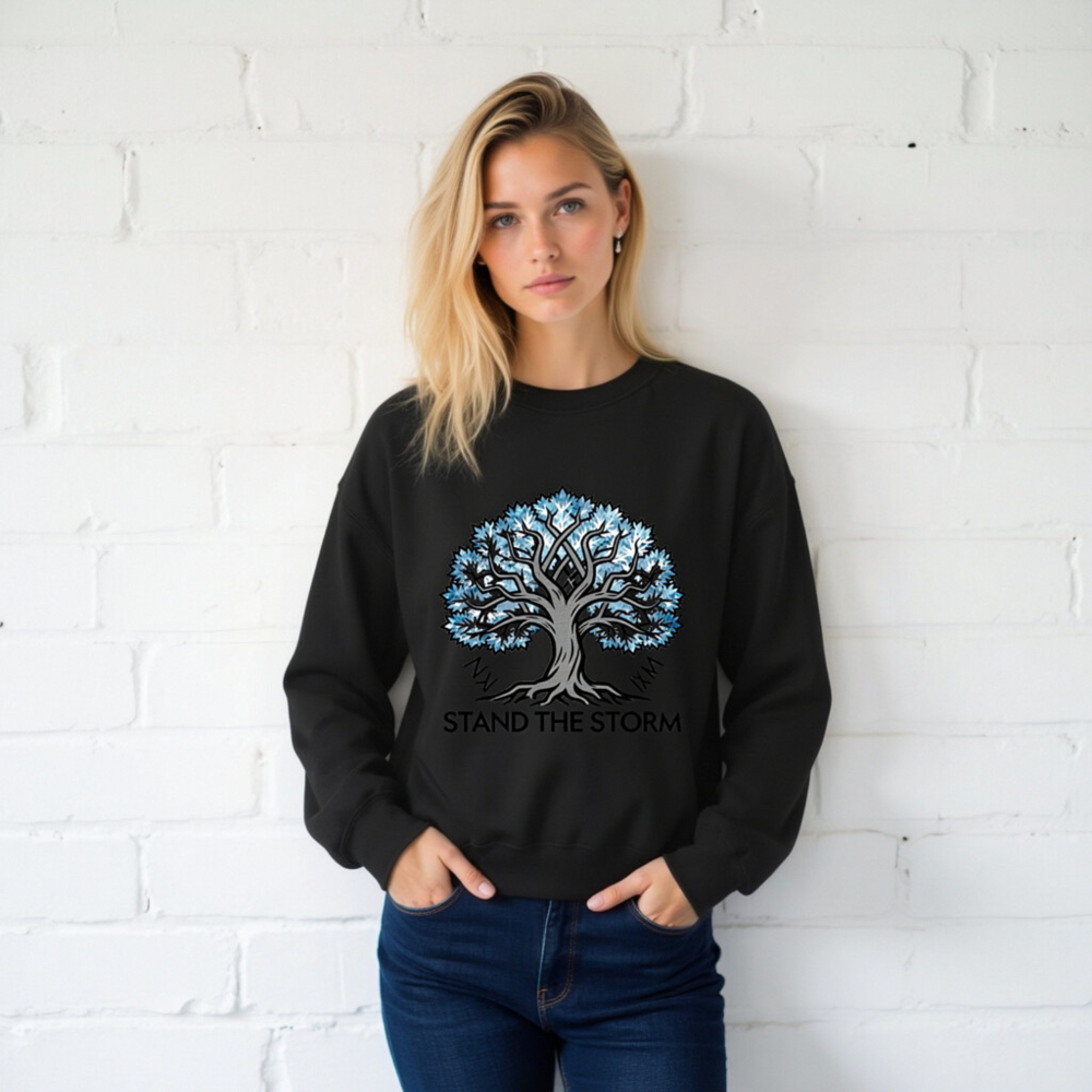 Unisex Crew Neck Sweatshirt | Stand the Storm Tree Design - Black - Image 2