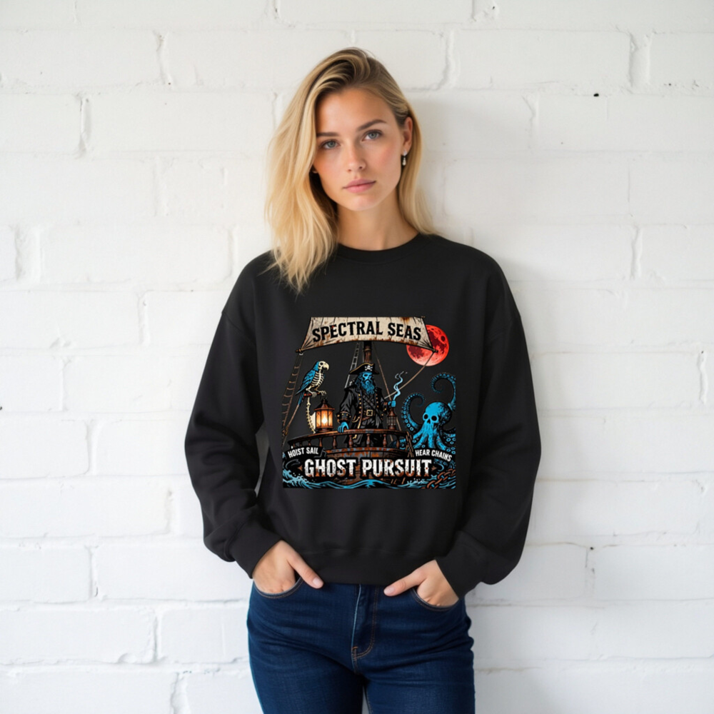 Spectral Seas Ghost Pursuit Unisex Crew Neck Sweatshirt - Blue Pirate, Skull Octopus & Red Moon - Image 2