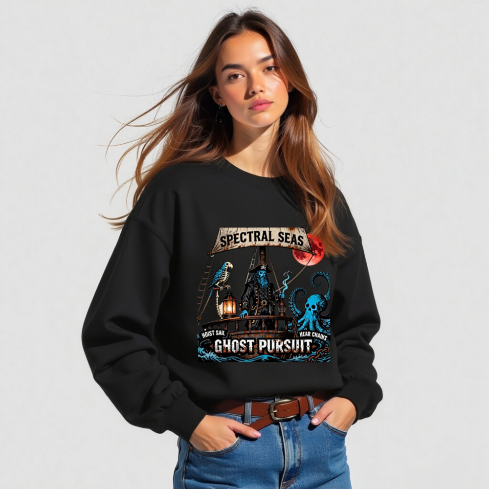 Spectral Seas Ghost Pursuit Unisex Crew Neck Sweatshirt - Blue Pirate, Skull Octopus & Red Moon - Image 3