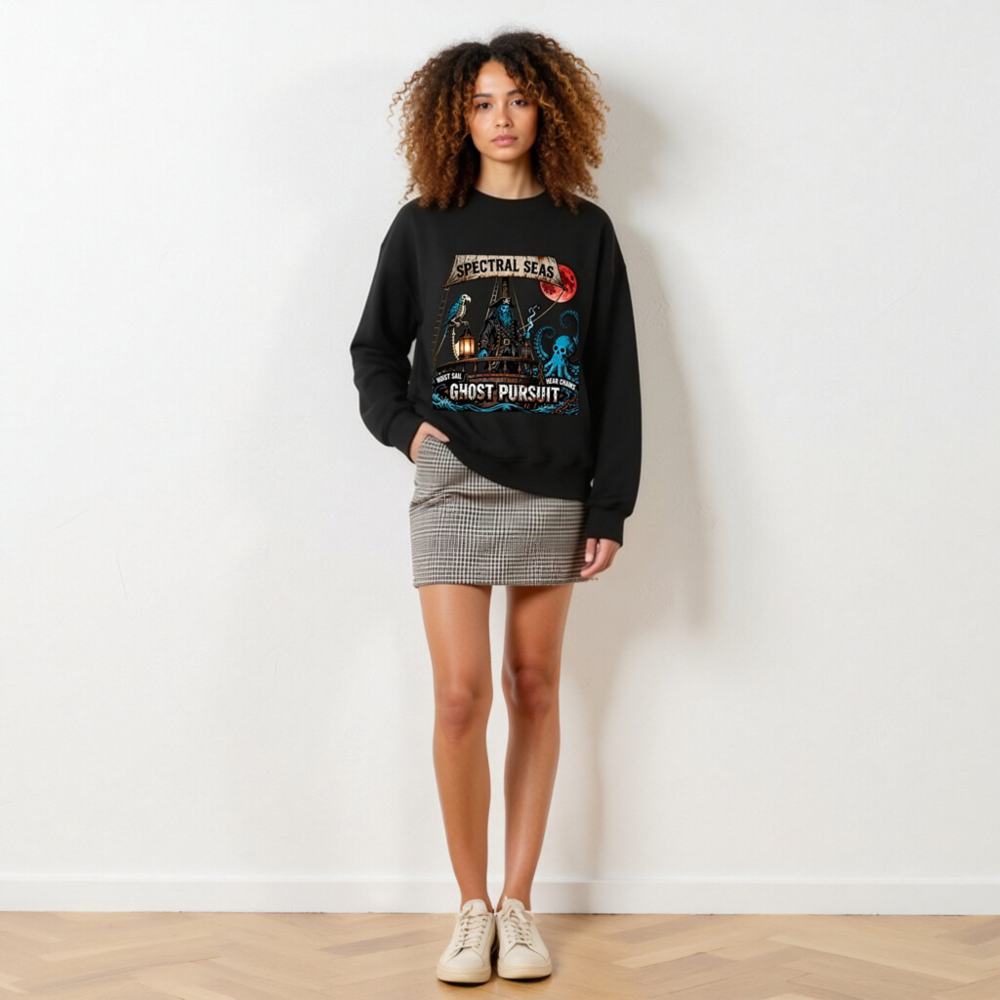 Spectral Seas Ghost Pursuit Unisex Crew Neck Sweatshirt - Blue Pirate, Skull Octopus & Red Moon - Image 4