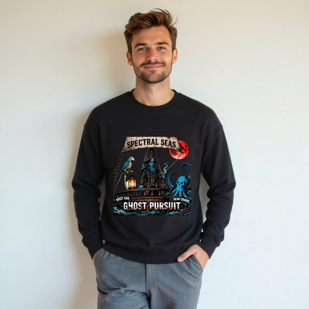 Spectral Seas Ghost Pursuit Unisex Crew Neck Sweatshirt - Blue Pirate, Skull Octopus & Red Moon - Image 5
