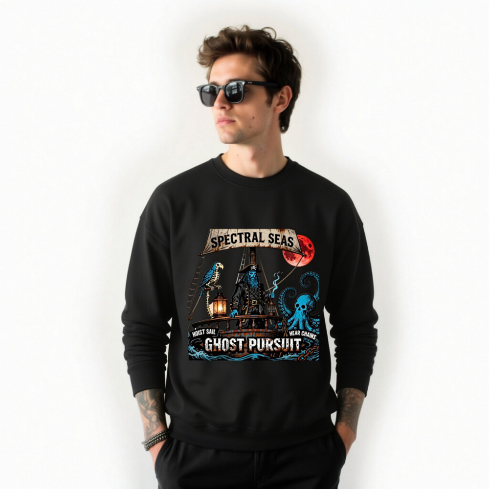 Spectral Seas Ghost Pursuit Unisex Crew Neck Sweatshirt - Blue Pirate, Skull Octopus & Red Moon - Image 7