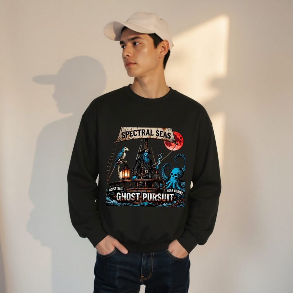 Spectral Seas Ghost Pursuit Unisex Crew Neck Sweatshirt - Blue Pirate, Skull Octopus & Red Moon - Image 8