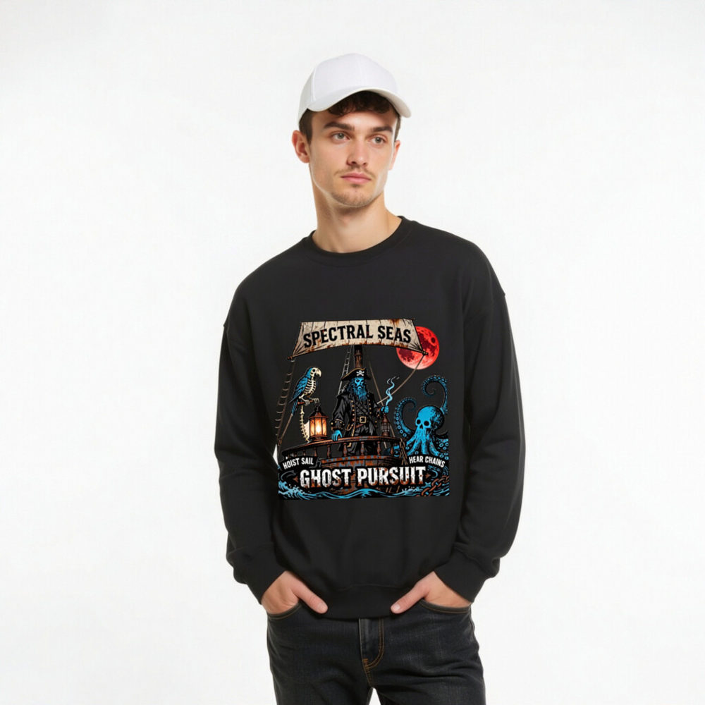 Spectral Seas Ghost Pursuit Unisex Crew Neck Sweatshirt - Blue Pirate, Skull Octopus & Red Moon - Image 9