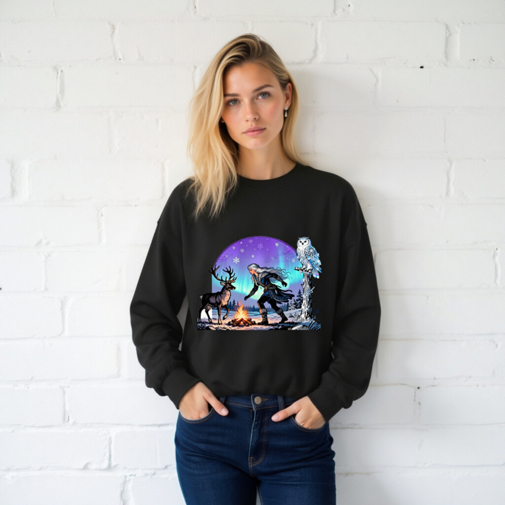 Unisex Crew Neck Sweatshirt - Winter Fantasy Deer & Owl Design with Aurora Borealis - Image 2