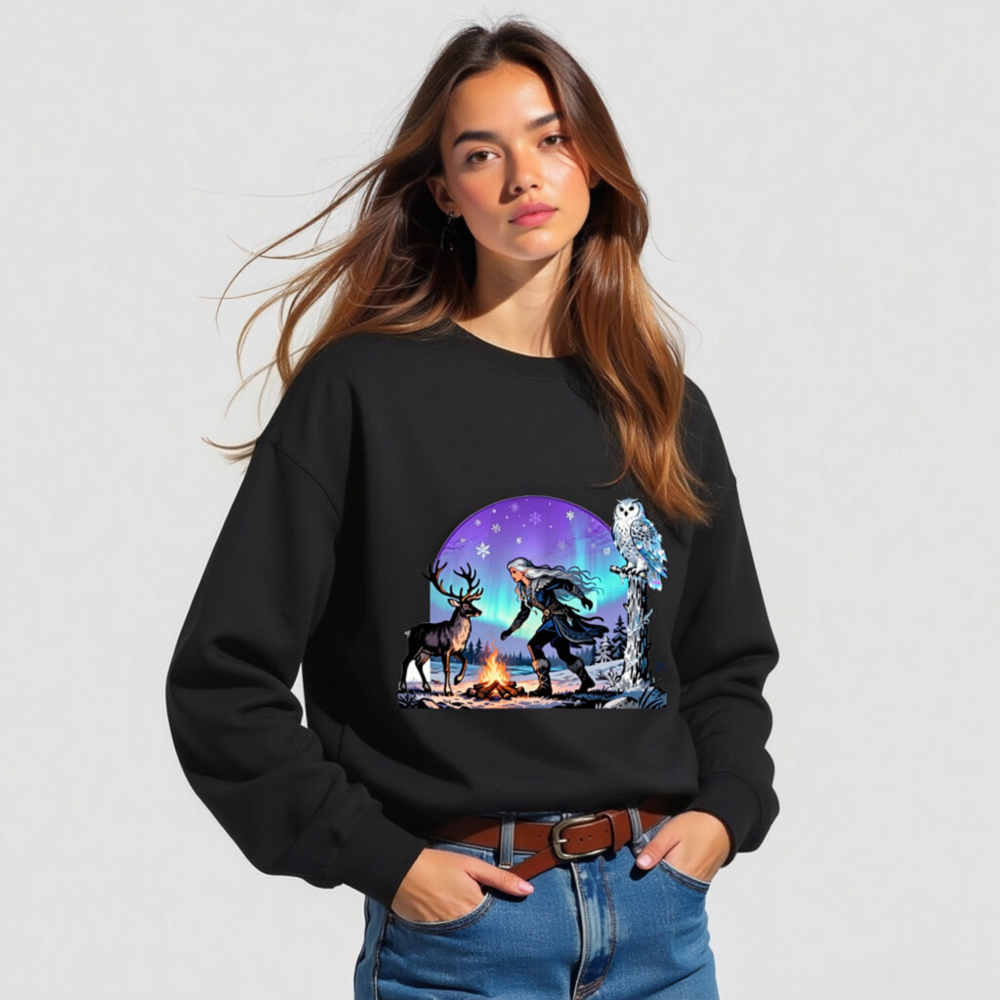 Unisex Crew Neck Sweatshirt - Winter Fantasy Deer & Owl Design with Aurora Borealis - Image 3