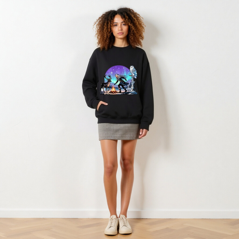 Unisex Crew Neck Sweatshirt - Winter Fantasy Deer & Owl Design with Aurora Borealis - Image 4