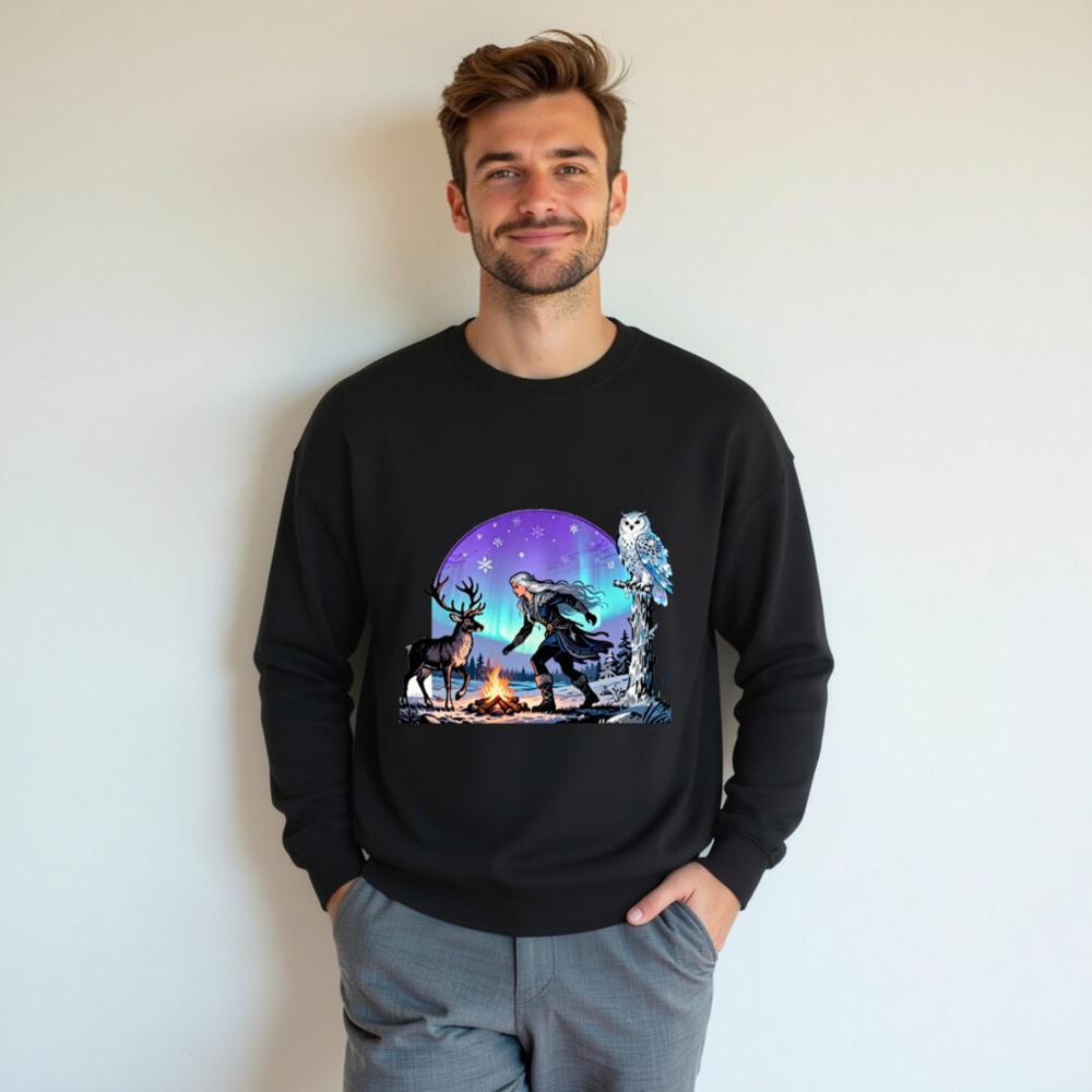 Unisex Crew Neck Sweatshirt - Winter Fantasy Deer & Owl Design with Aurora Borealis - Image 5