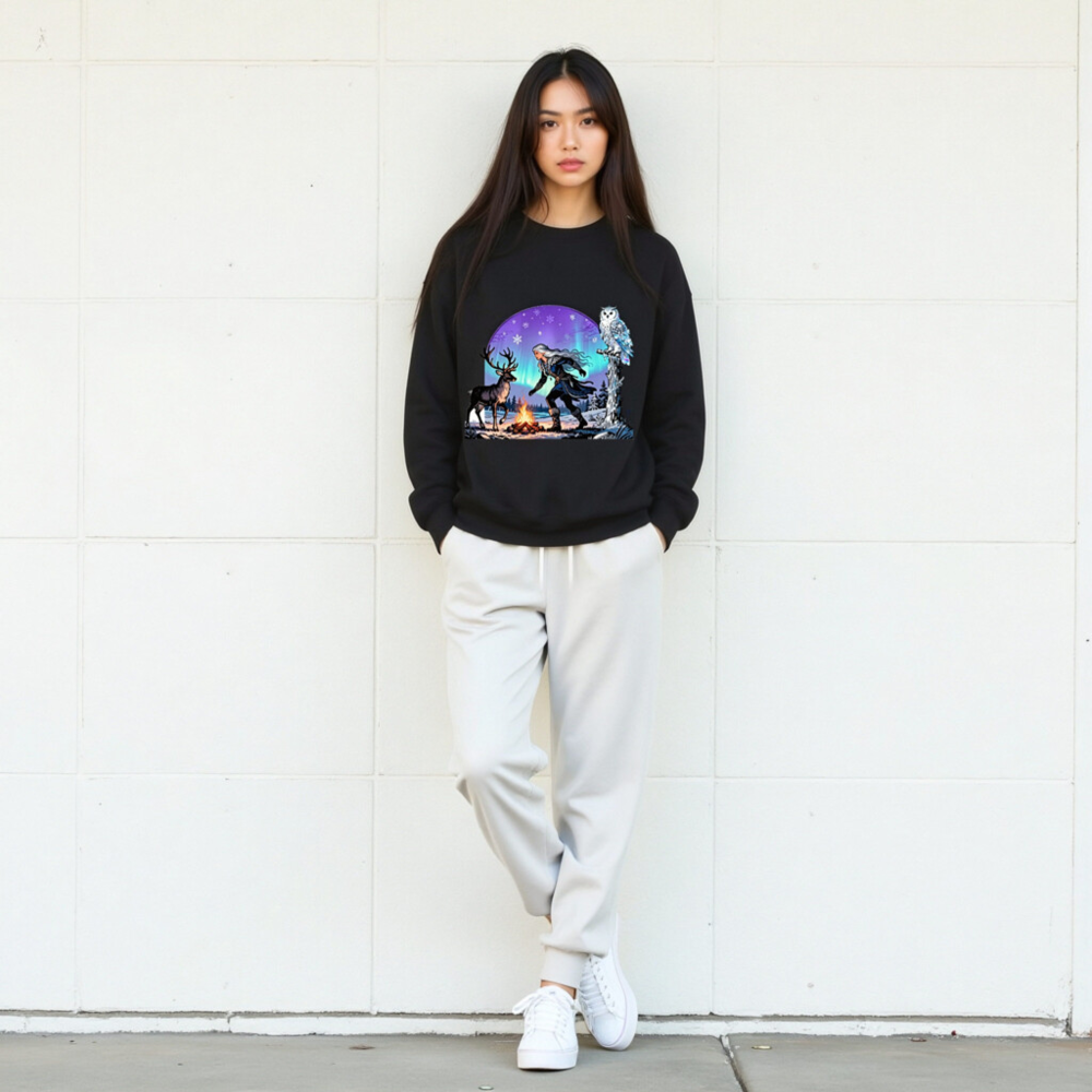 Unisex Crew Neck Sweatshirt - Winter Fantasy Deer & Owl Design with Aurora Borealis - Image 6