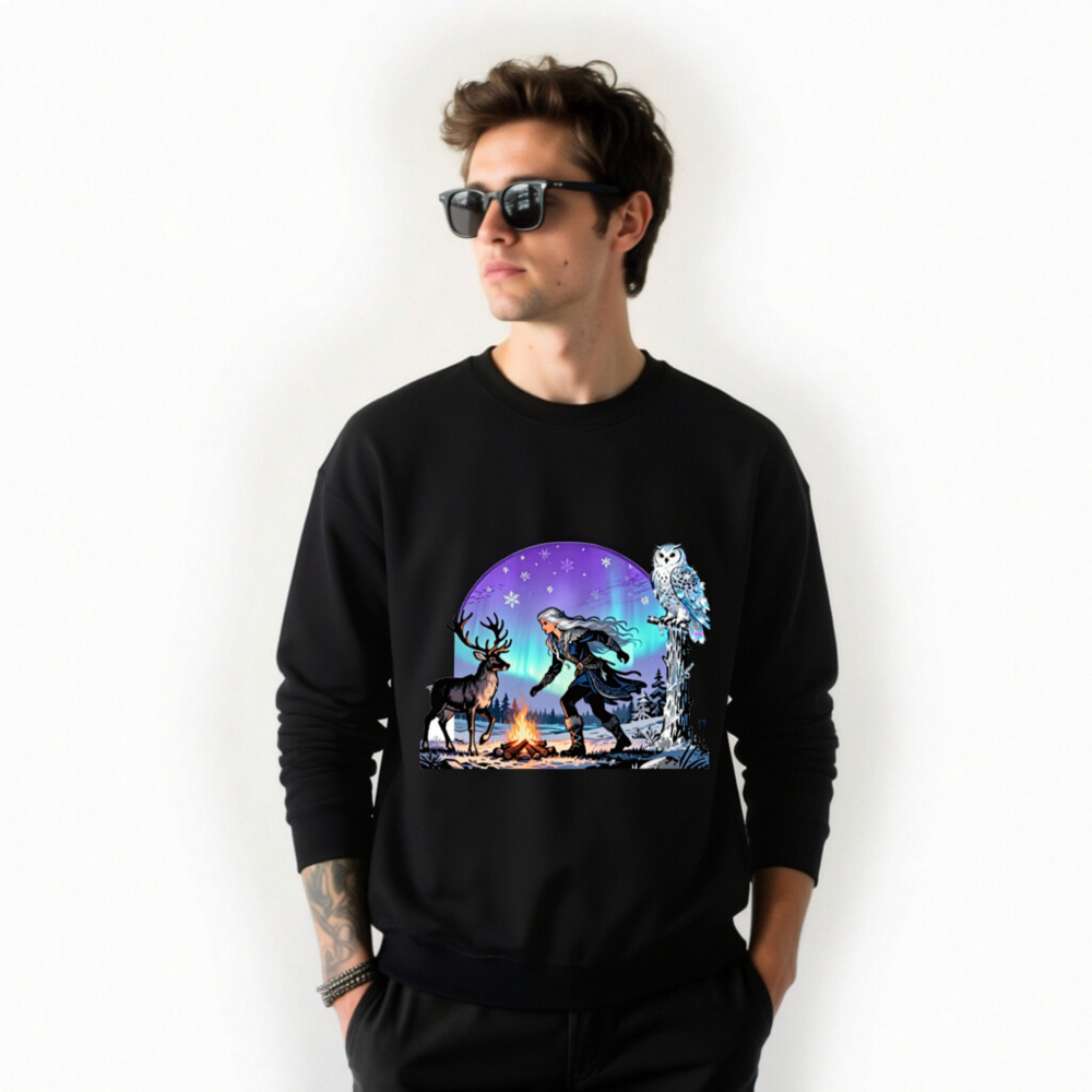 Unisex Crew Neck Sweatshirt - Winter Fantasy Deer & Owl Design with Aurora Borealis - Image 7