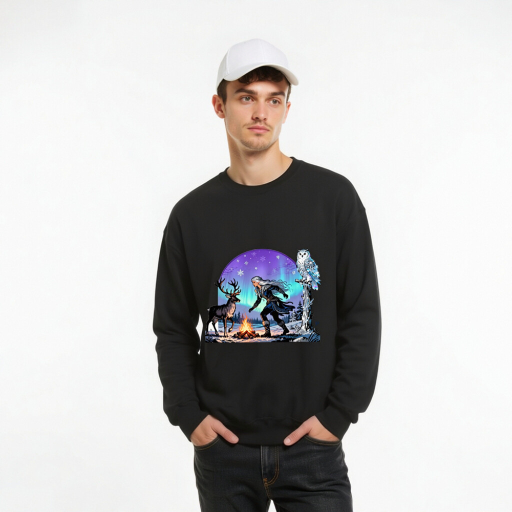 Unisex Crew Neck Sweatshirt - Winter Fantasy Deer & Owl Design with Aurora Borealis - Image 9