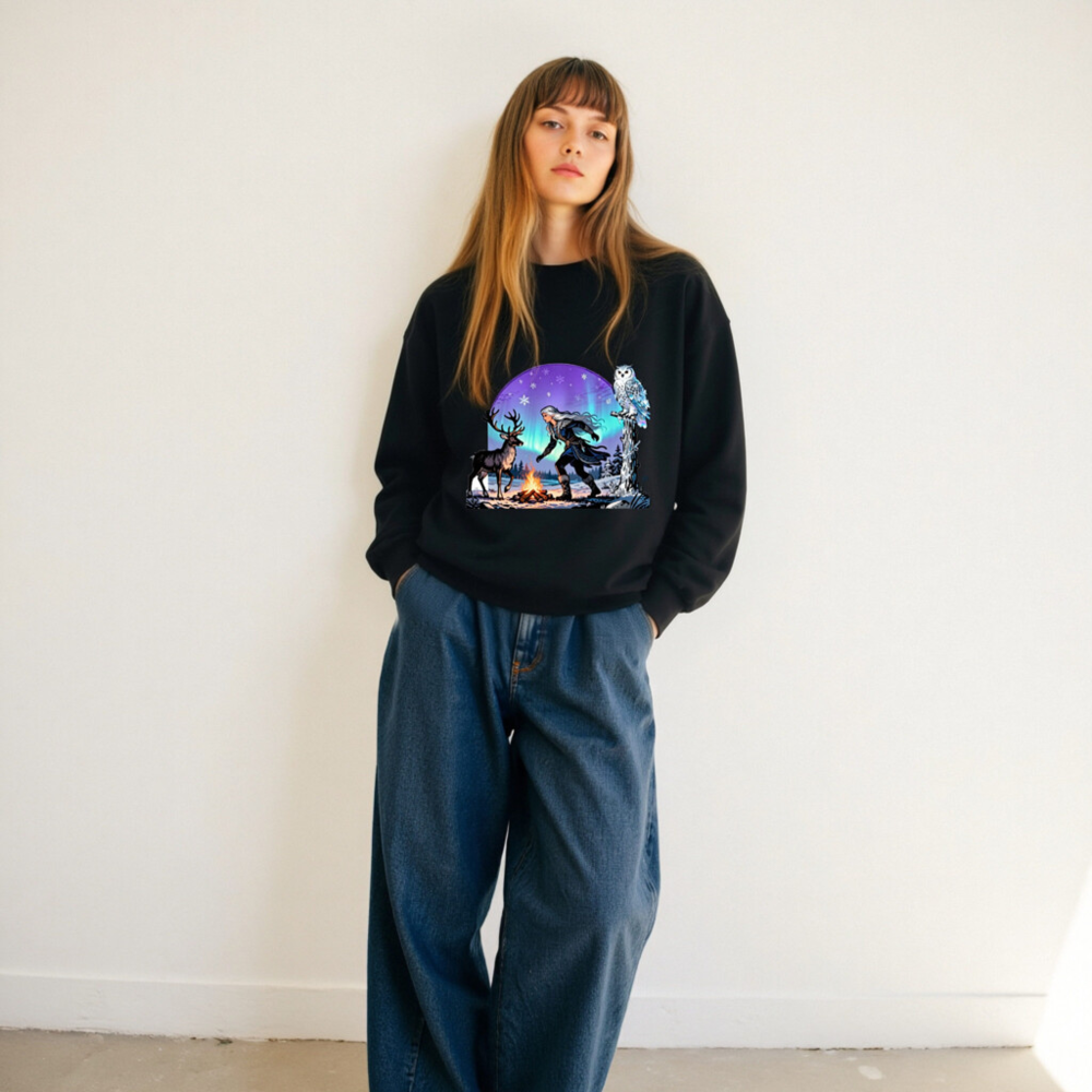 Unisex Crew Neck Sweatshirt - Winter Fantasy Deer & Owl Design with Aurora Borealis - Image 10