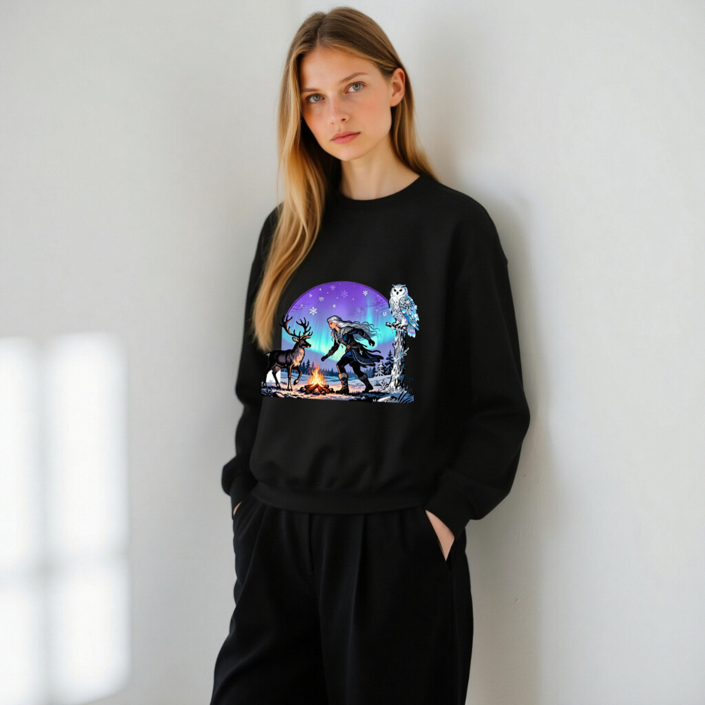Unisex Crew Neck Sweatshirt - Winter Fantasy Deer & Owl Design with Aurora Borealis - Image 11