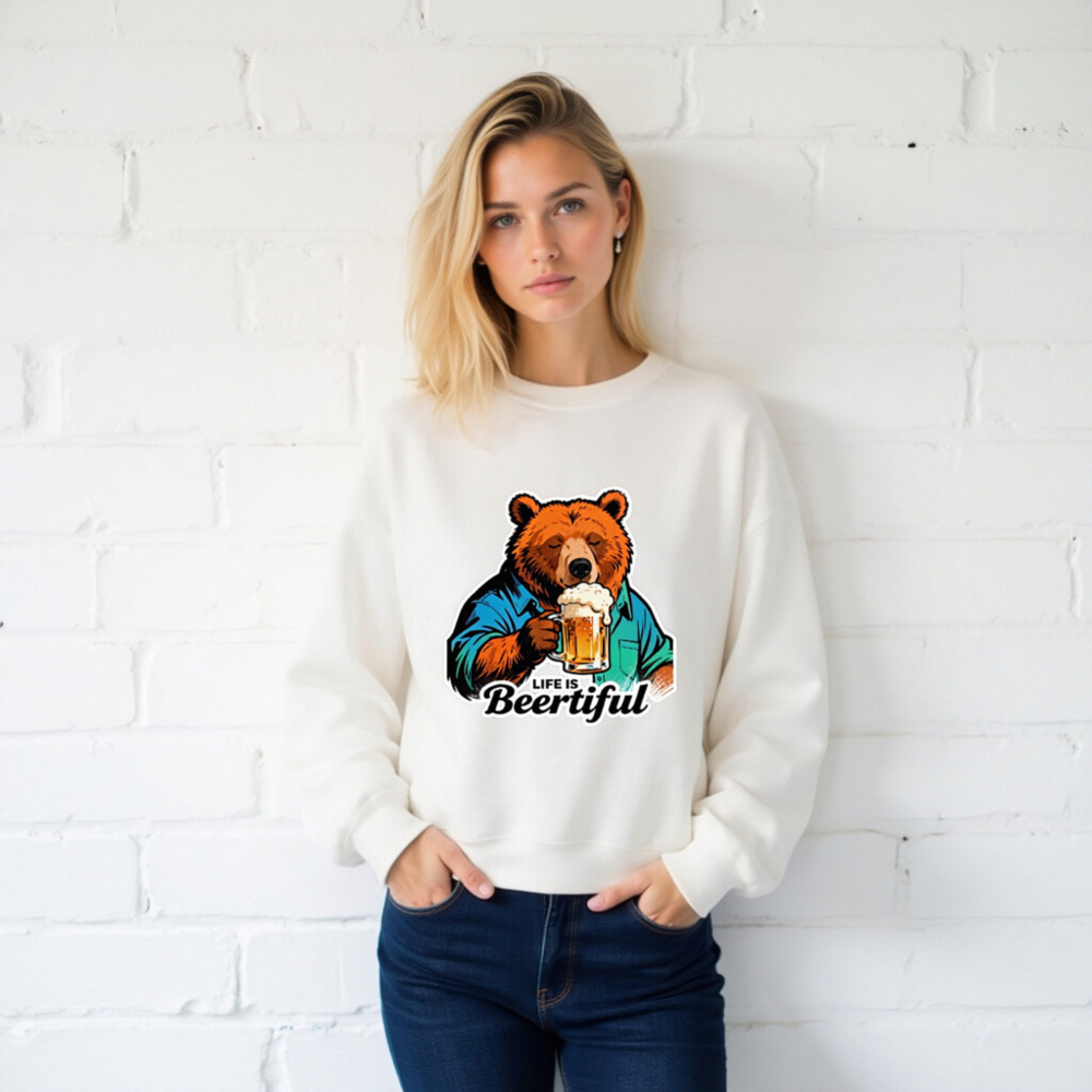 Unisex Crew Neck Sweatshirt | Life Is Beertiful Bear Beer Mug Design - Image 2