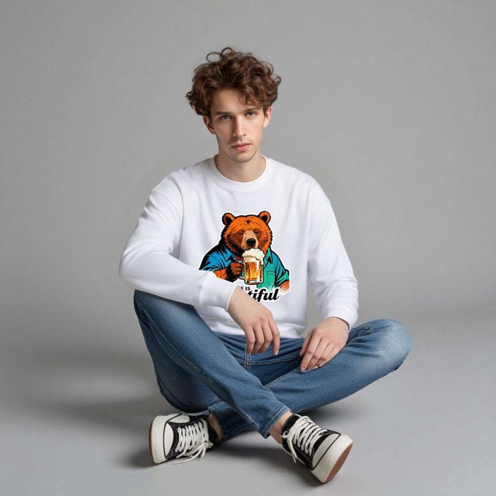 Unisex Crew Neck Sweatshirt | Life Is Beertiful Bear Beer Mug Design - Image 3