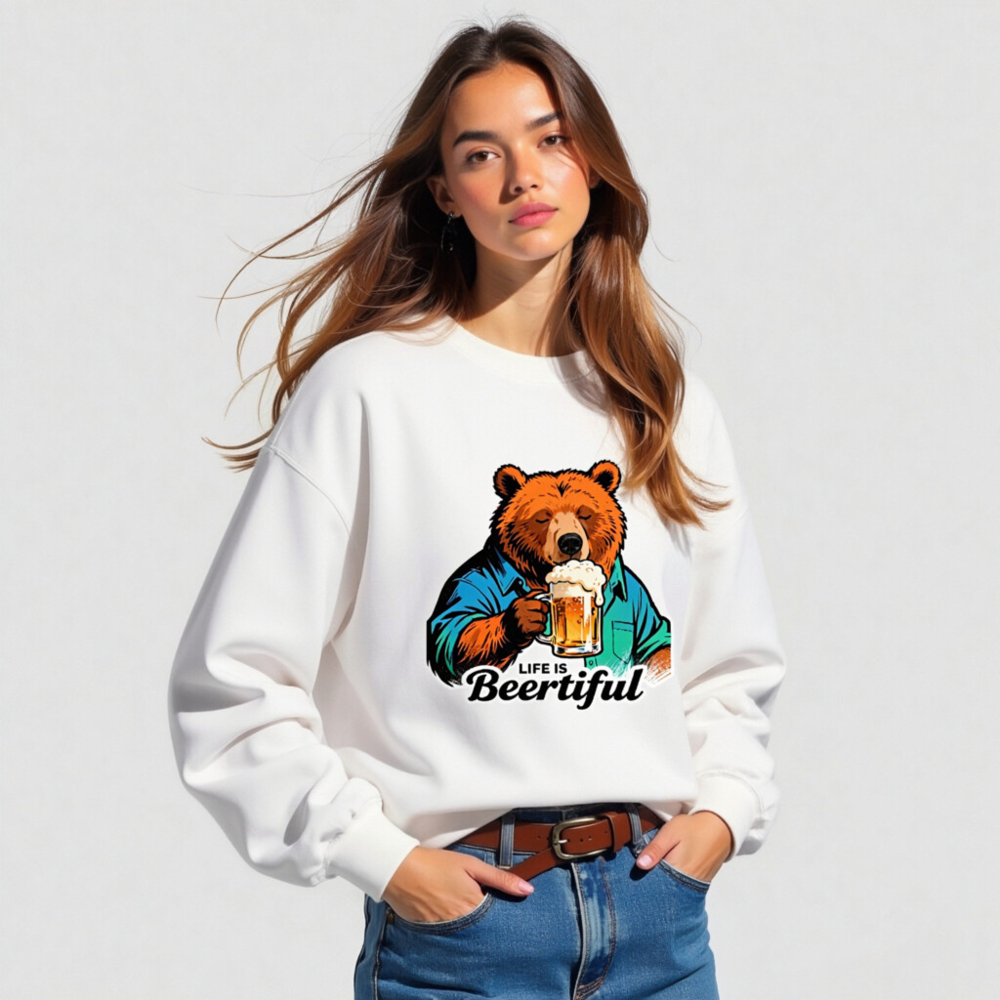 Unisex Crew Neck Sweatshirt | Life Is Beertiful Bear Beer Mug Design - Image 4