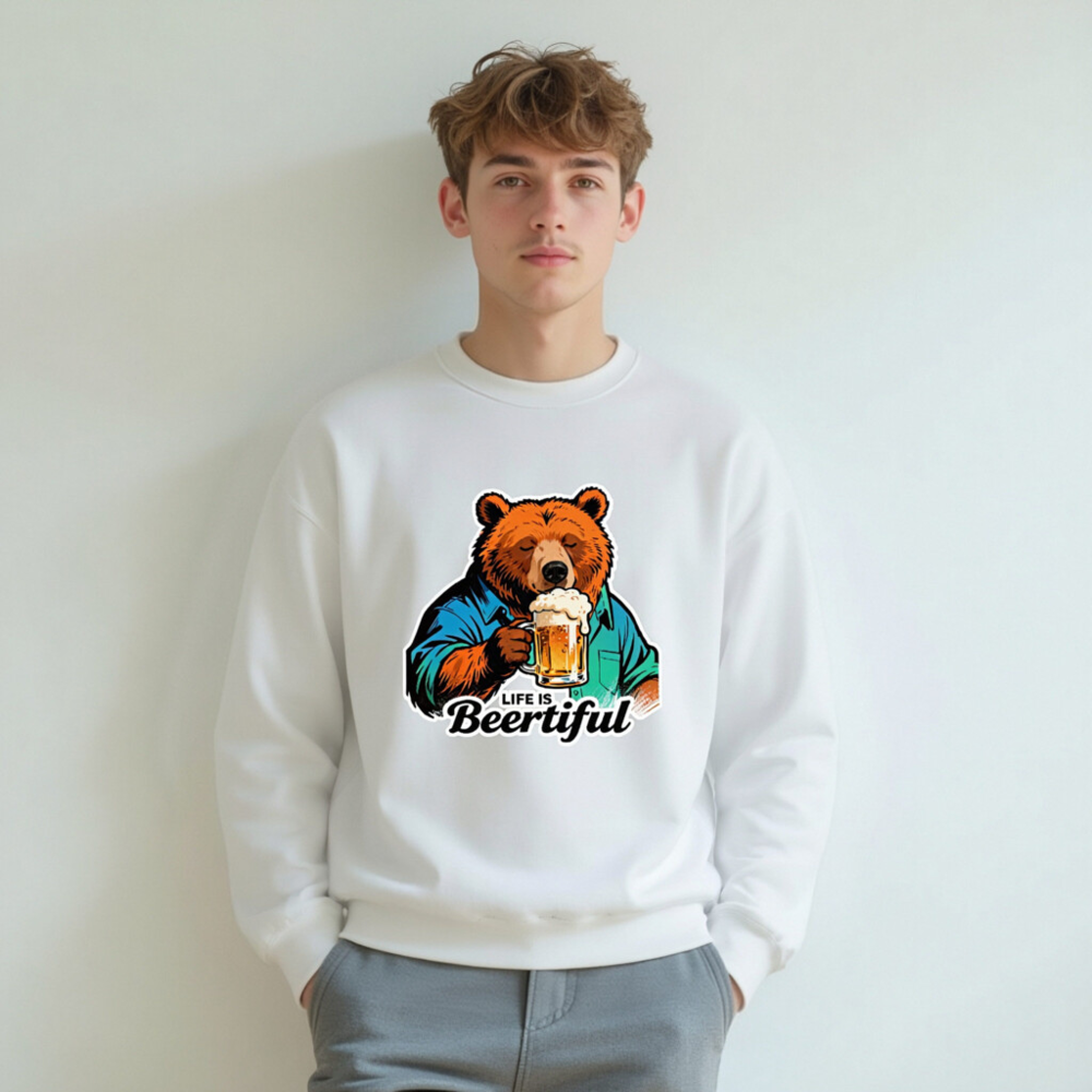 Unisex Crew Neck Sweatshirt | Life Is Beertiful Bear Beer Mug Design - Image 6
