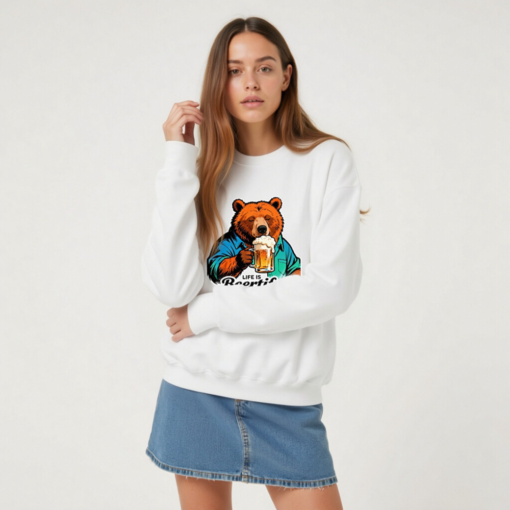 Unisex Crew Neck Sweatshirt | Life Is Beertiful Bear Beer Mug Design - Image 7