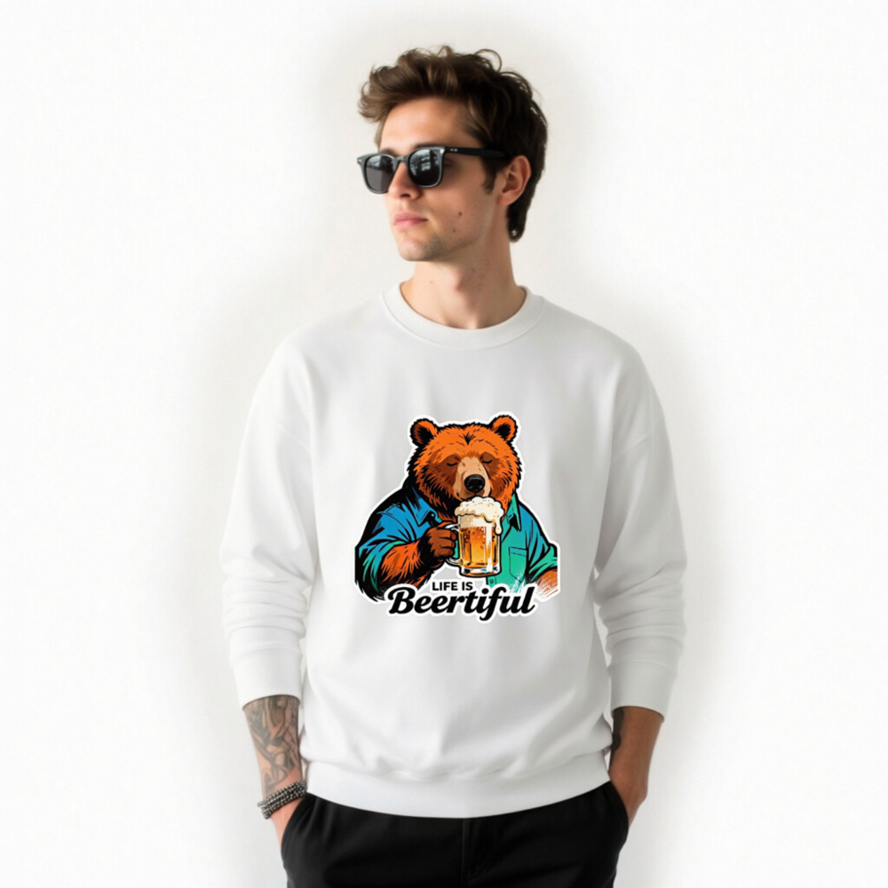 Unisex Crew Neck Sweatshirt | Life Is Beertiful Bear Beer Mug Design - Image 9
