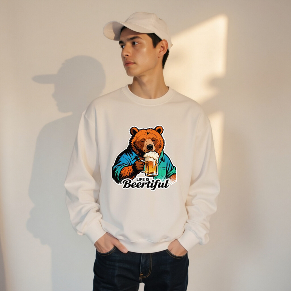 Unisex Crew Neck Sweatshirt | Life Is Beertiful Bear Beer Mug Design - Image 11