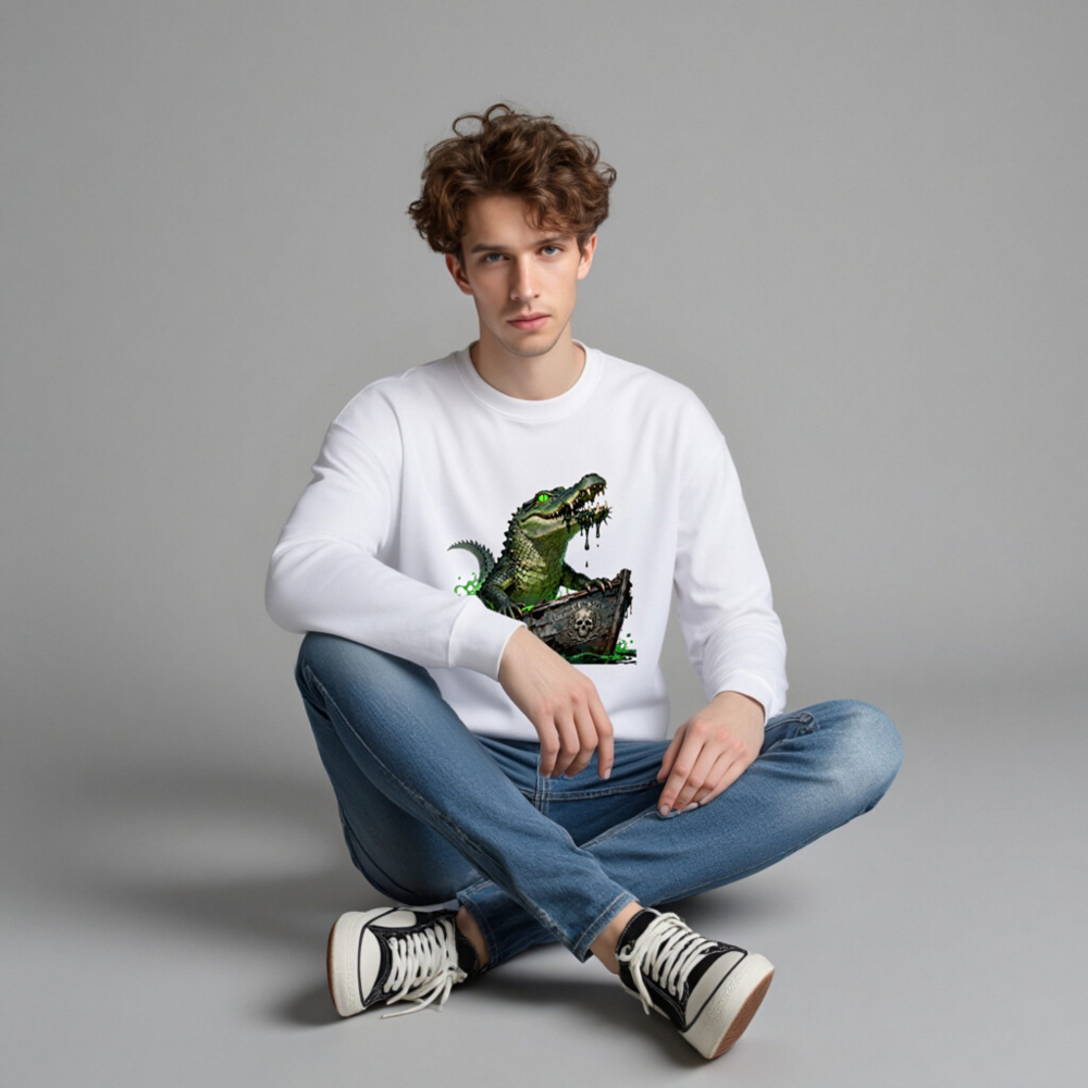 Pirate Crocodile Sweatshirt - Unisex Crew Neck, Green Gator Boat Design - Image 3