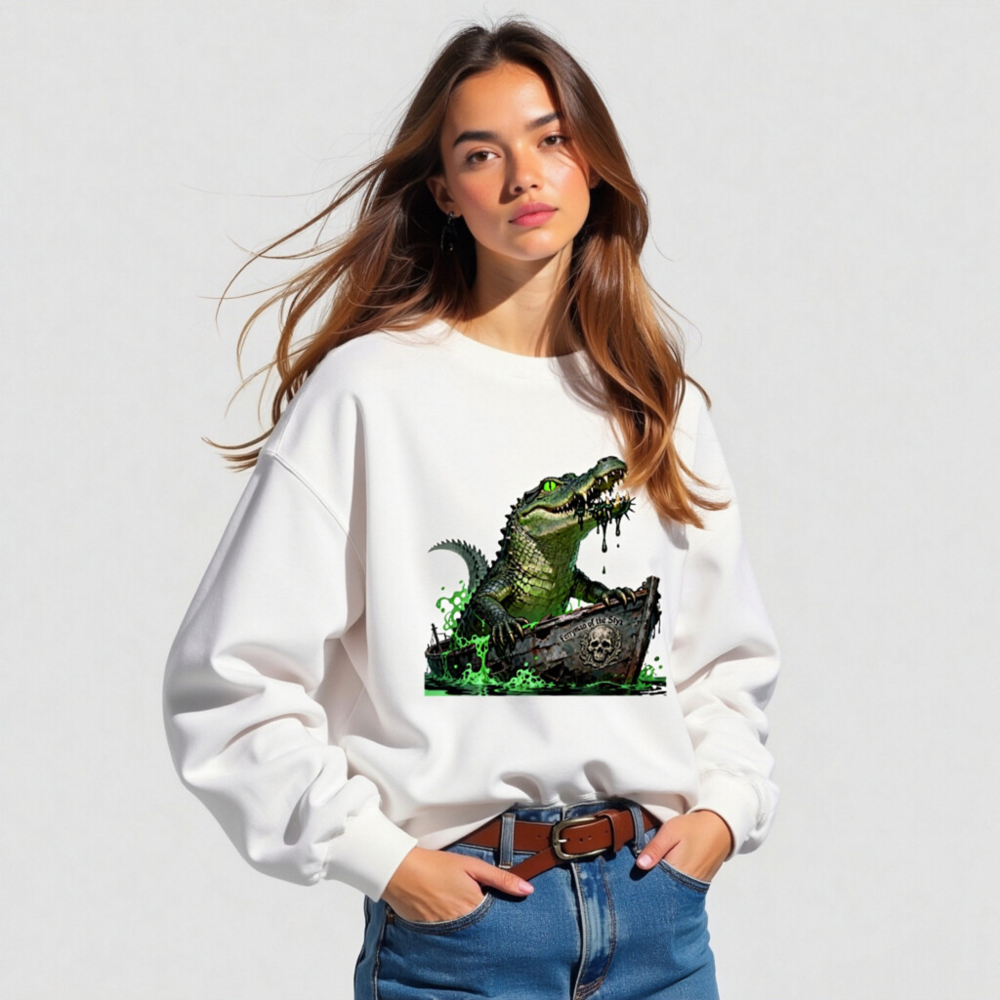 Pirate Crocodile Sweatshirt - Unisex Crew Neck, Green Gator Boat Design - Image 4