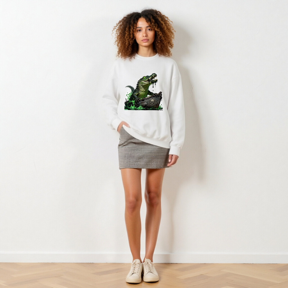 Pirate Crocodile Sweatshirt - Unisex Crew Neck, Green Gator Boat Design - Image 5