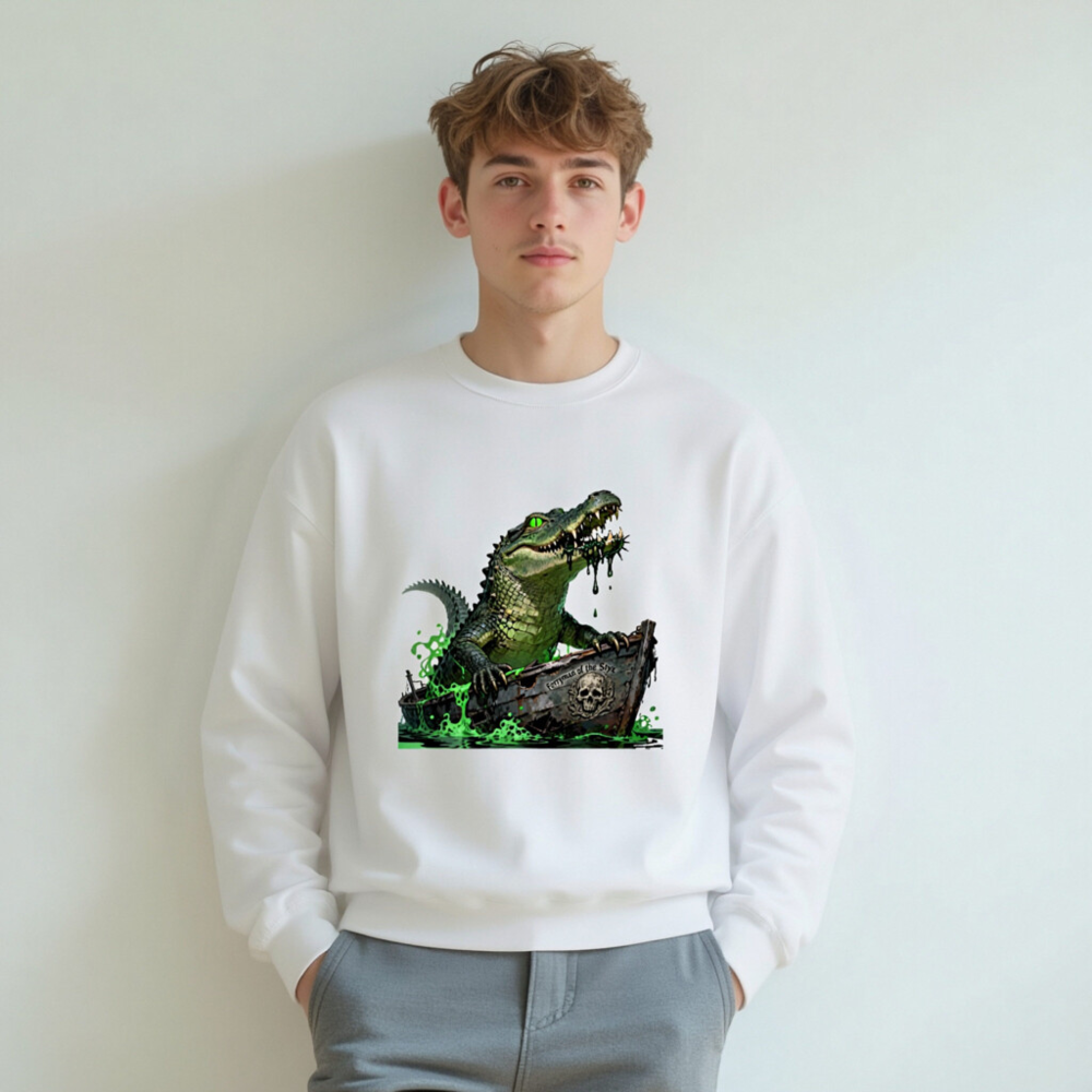 Pirate Crocodile Sweatshirt - Unisex Crew Neck, Green Gator Boat Design - Image 6